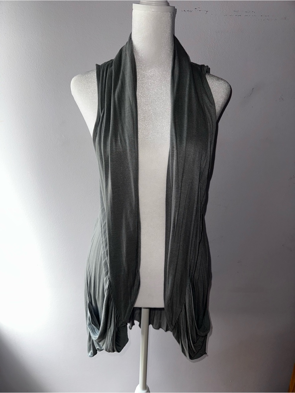 Decree Sleeveless Draped Open Front Vest in Gray Green